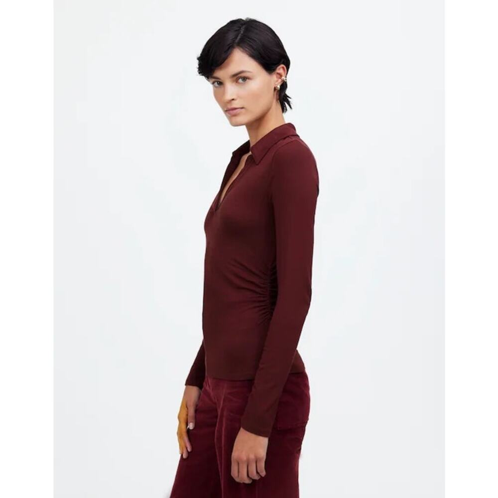 $58 Madewell Side-Cinch Long-Sleeve Polo Top - small - Burgundy - Picture 4 of 11